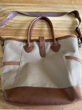 LL Bean Signature large Beige Canvas & Brown Leather Tote Bag